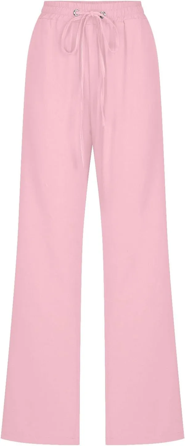 Womens Summer Linen Pants Straight Leg High Waist Palazzo Pants Loose Boho Comfy Pants Casual Trousers with Pockets