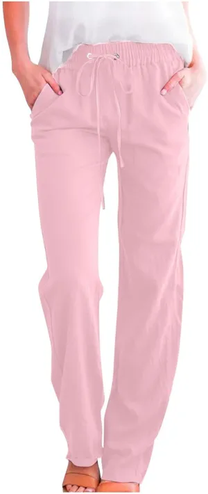 Womens Summer Linen Pants Straight Leg High Waist Palazzo Pants Loose Boho Comfy Pants Casual Trousers with Pockets