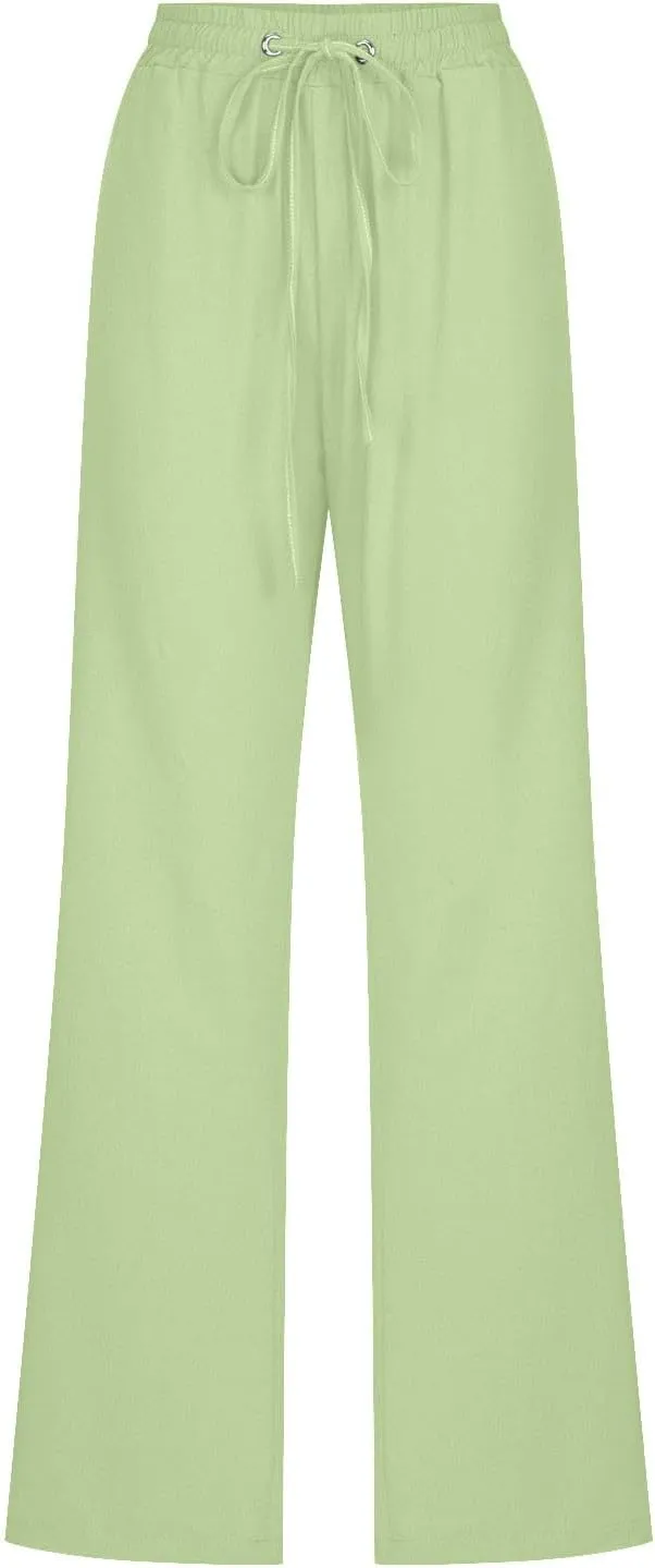 Womens Summer Linen Pants Straight Leg High Waist Palazzo Pants Loose Boho Comfy Pants Casual Trousers with Pockets