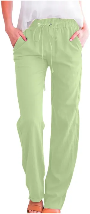 Womens Summer Linen Pants Straight Leg High Waist Palazzo Pants Loose Boho Comfy Pants Casual Trousers with Pockets