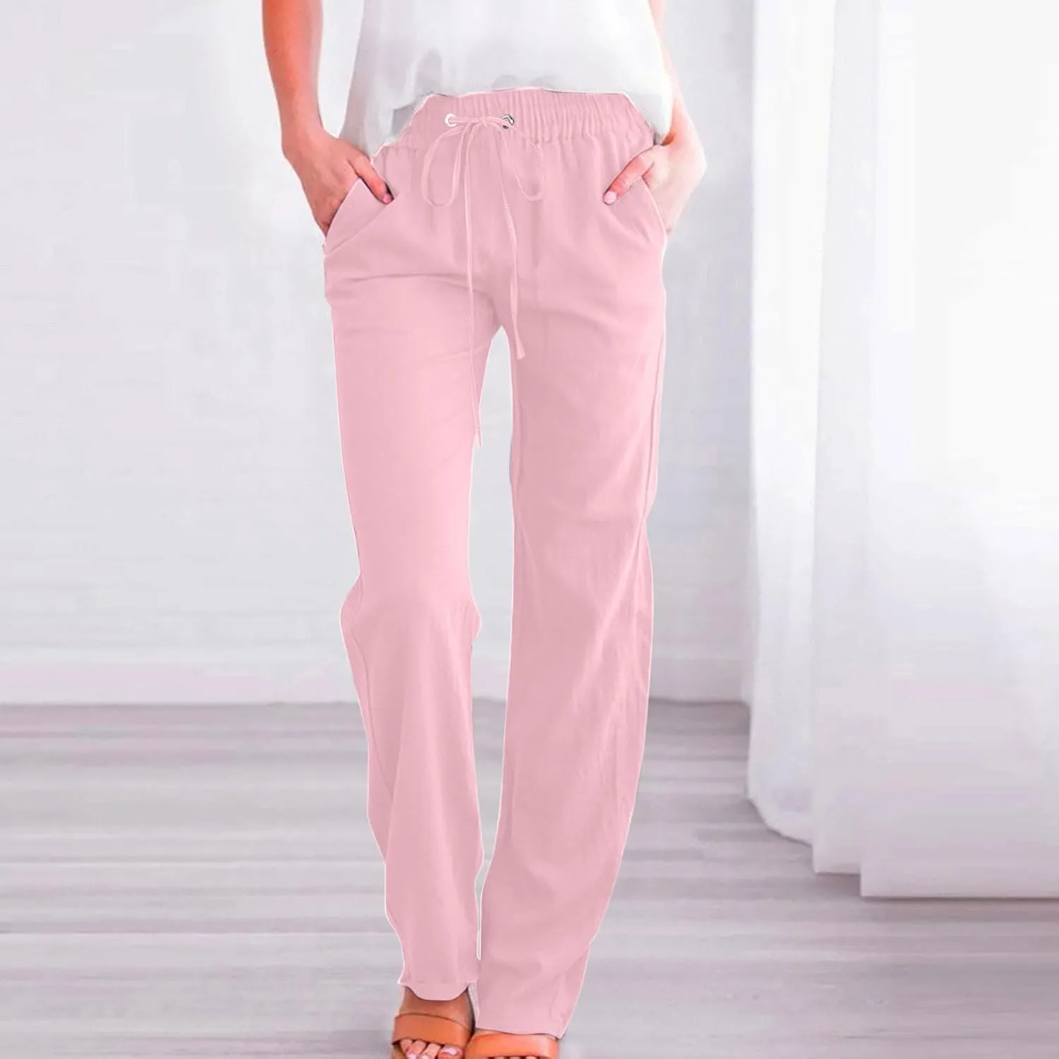 Womens Summer Linen Pants Straight Leg High Waist Palazzo Pants Loose Boho Comfy Pants Casual Trousers with Pockets