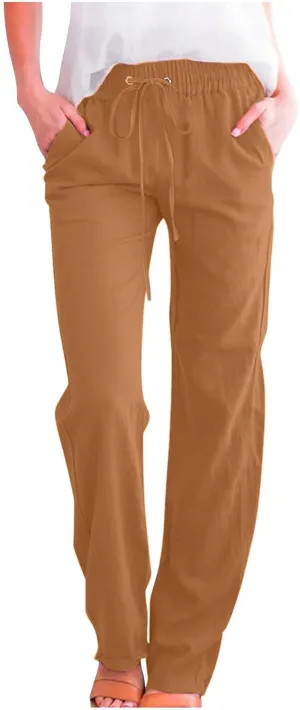 Womens Summer Linen Pants Straight Leg High Waist Palazzo Pants Loose Boho Comfy Pants Casual Trousers with Pockets
