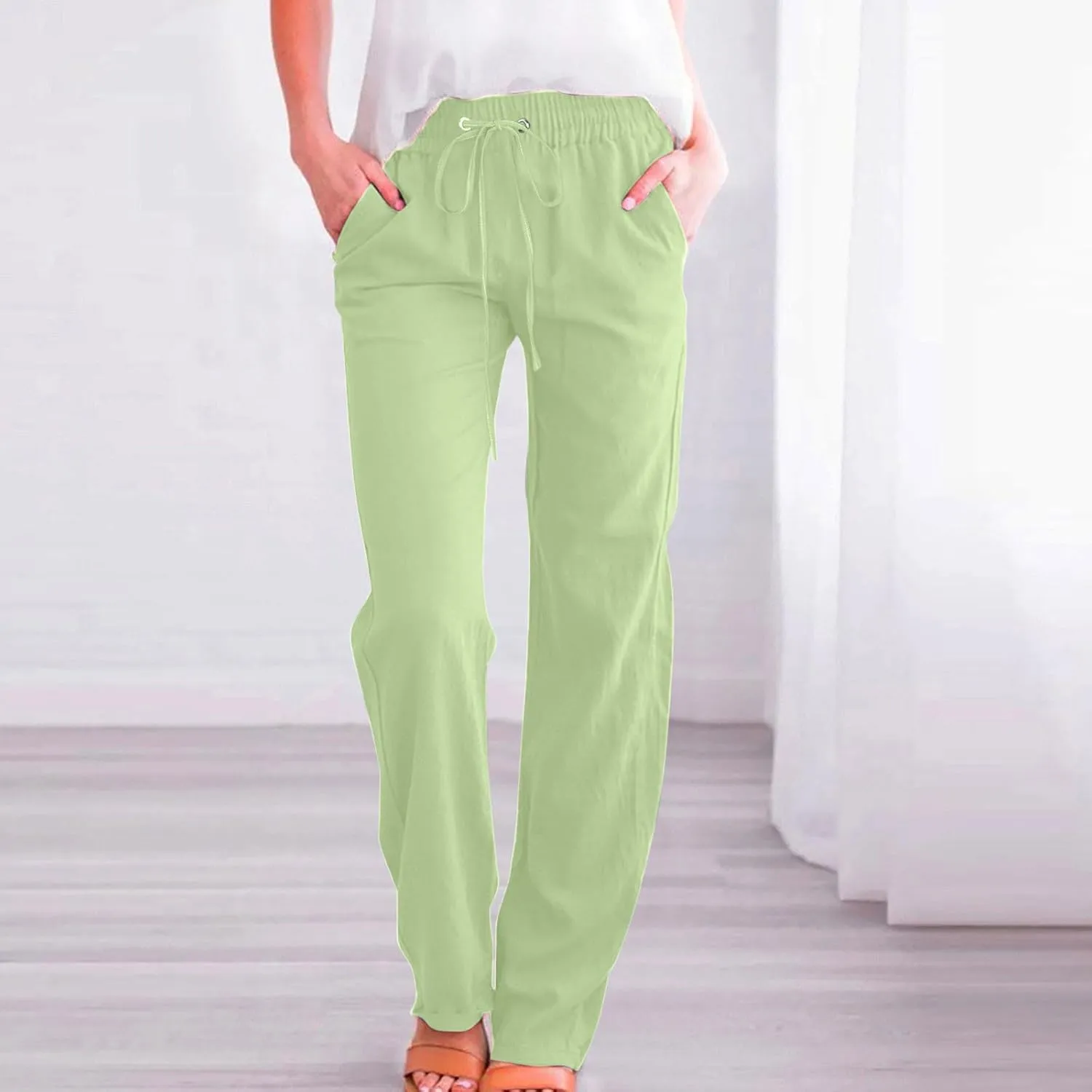 Womens Summer Linen Pants Straight Leg High Waist Palazzo Pants Loose Boho Comfy Pants Casual Trousers with Pockets