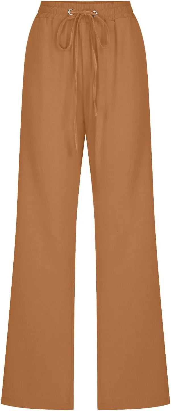 Womens Summer Linen Pants Straight Leg High Waist Palazzo Pants Loose Boho Comfy Pants Casual Trousers with Pockets