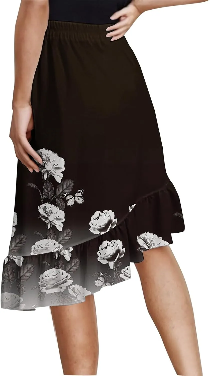 Womens Summer Midi Skirts Elastic Waist Casual Dress for Women A-Line Floral Skirts Elegant Comfy Dress
