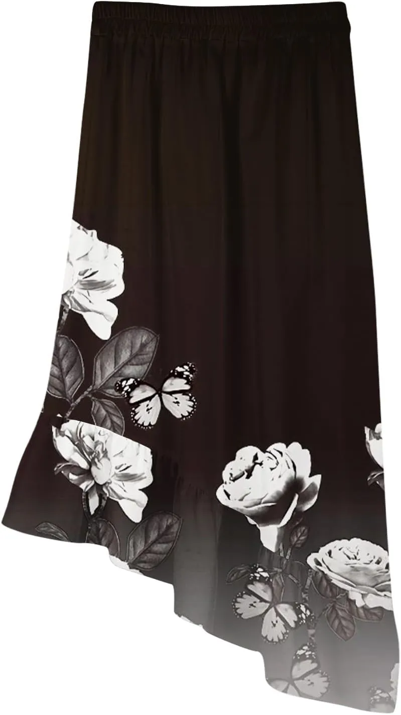 Womens Summer Midi Skirts Elastic Waist Casual Dress for Women A-Line Floral Skirts Elegant Comfy Dress