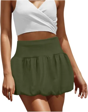 Women's Summer Mini Skirt Elastic High Waisted Cute A-Line Pleated Swing Ruffle Beach Vacation Short Skirts
