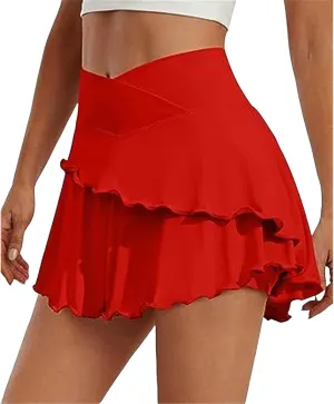 Womens Tennis Skirt Crossover Ruffle Workout Golf Skorts Skirts UPF 50  Solid Lightweight Athletic Skirt with Pocket