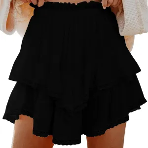 Women's Work Skirts Elegant Layered Ruffle Office Skirt High Waisted Solid Color Flowy Short Skirts Patchwork Skirt