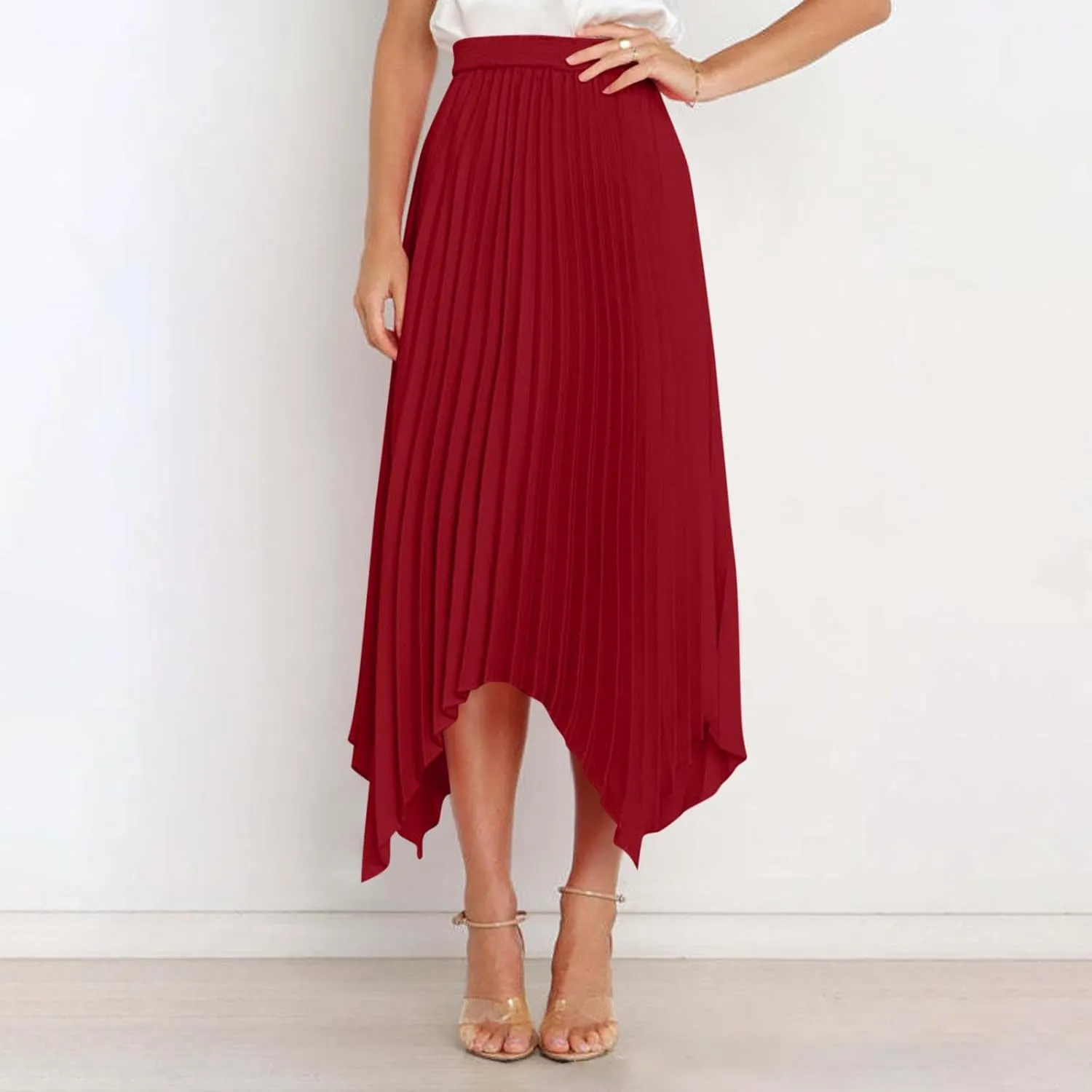 Xiaojmake Pleated Chiffon Skirts for Women High Elastic Waisted Flowy Asymmetrical Skirt Dressy High Low Summer Midi Skirts