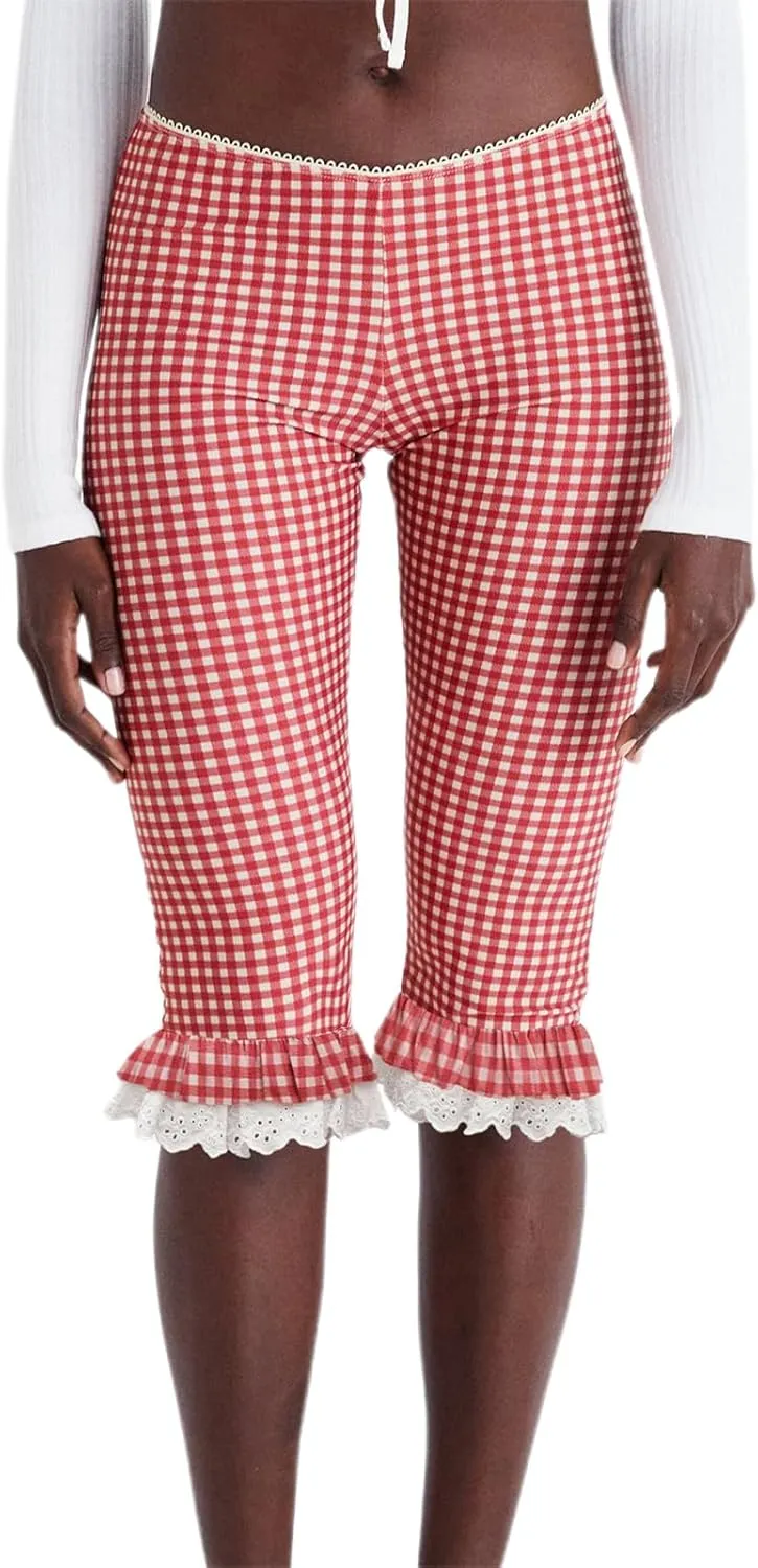 Y2k Capri Pants for Women Trendy Lace Ruffle Hem Flare Leggings Bell Bottom Skinny Gingham Cropped Bloomer Trousers