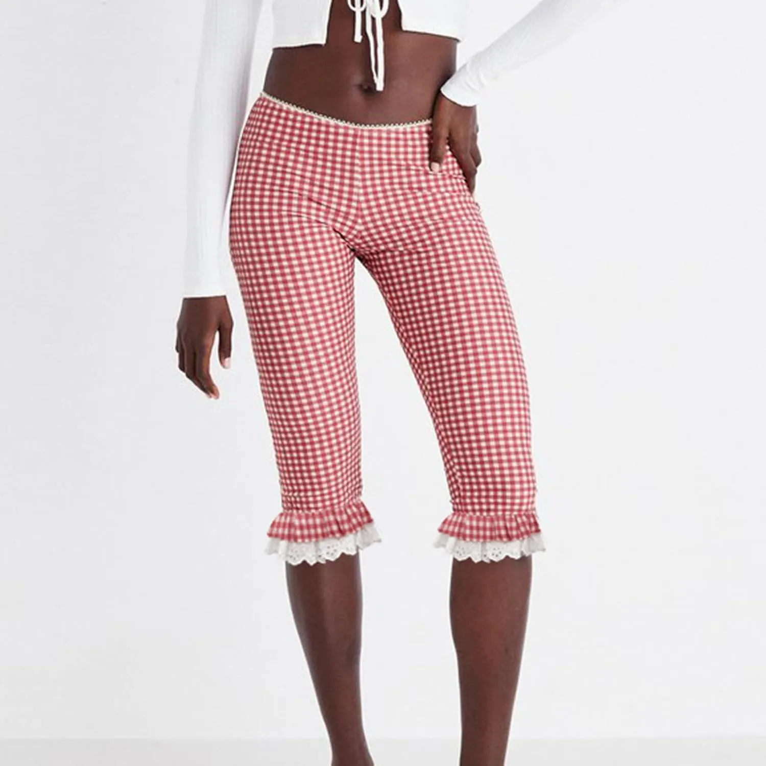 Y2k Capri Pants for Women Trendy Lace Ruffle Hem Flare Leggings Bell Bottom Skinny Gingham Cropped Bloomer Trousers