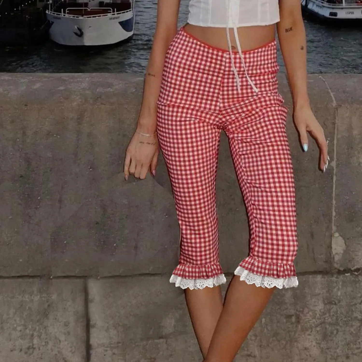 Y2k Capri Pants for Women Trendy Lace Ruffle Hem Flare Leggings Bell Bottom Skinny Gingham Cropped Bloomer Trousers
