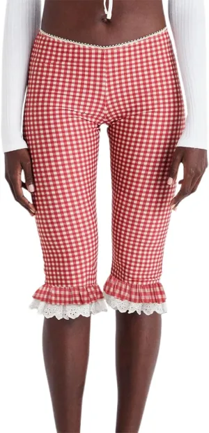 Y2k Capri Pants for Women Trendy Lace Ruffle Hem Flare Leggings Bell Bottom Skinny Gingham Cropped Bloomer Trousers