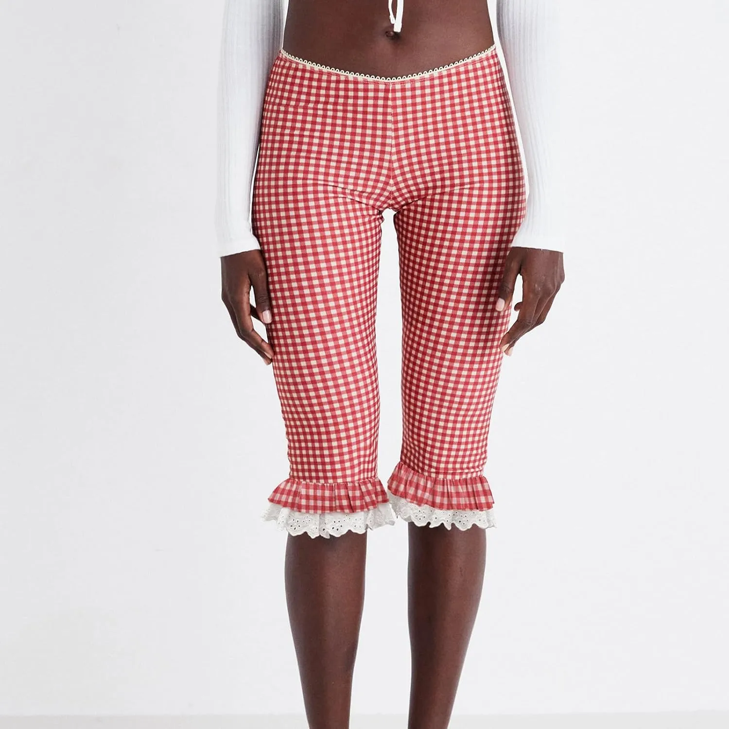Y2k Capri Pants for Women Trendy Lace Ruffle Hem Flare Leggings Bell Bottom Skinny Gingham Cropped Bloomer Trousers