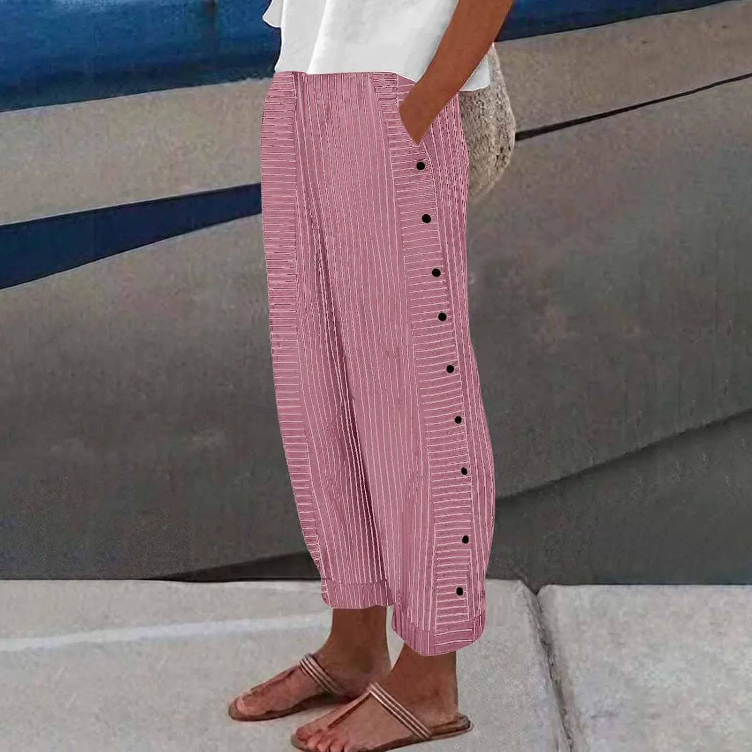 Y2k Striped Pants Women Side Button Straight Leg Cotton Linen Pants Elastic Waist Cotton Cropped Pants with Pockets