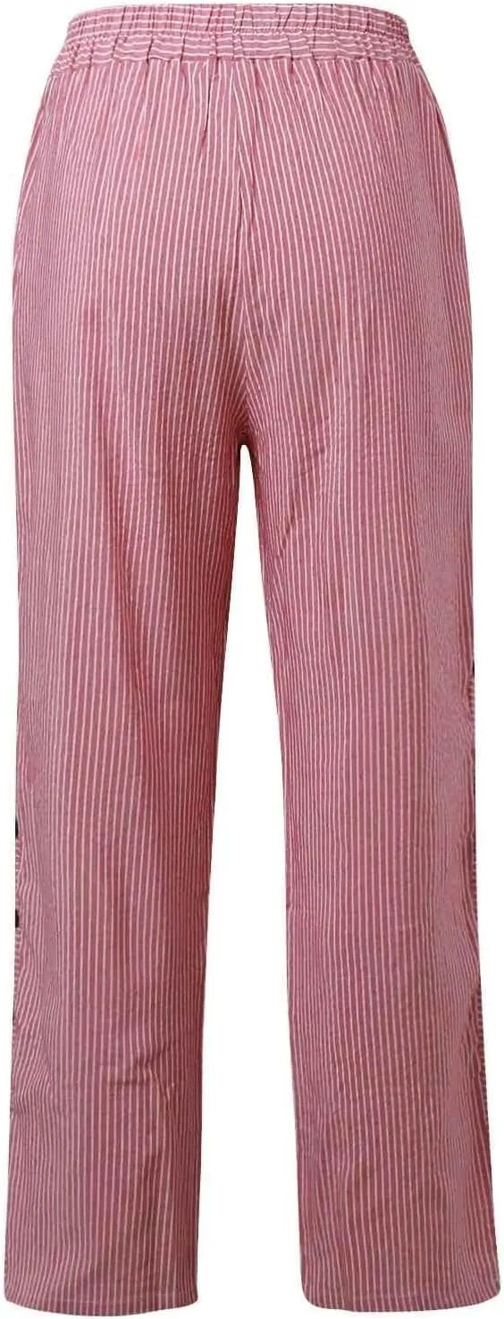 Y2k Striped Pants Women Side Button Straight Leg Cotton Linen Pants Elastic Waist Cotton Cropped Pants with Pockets