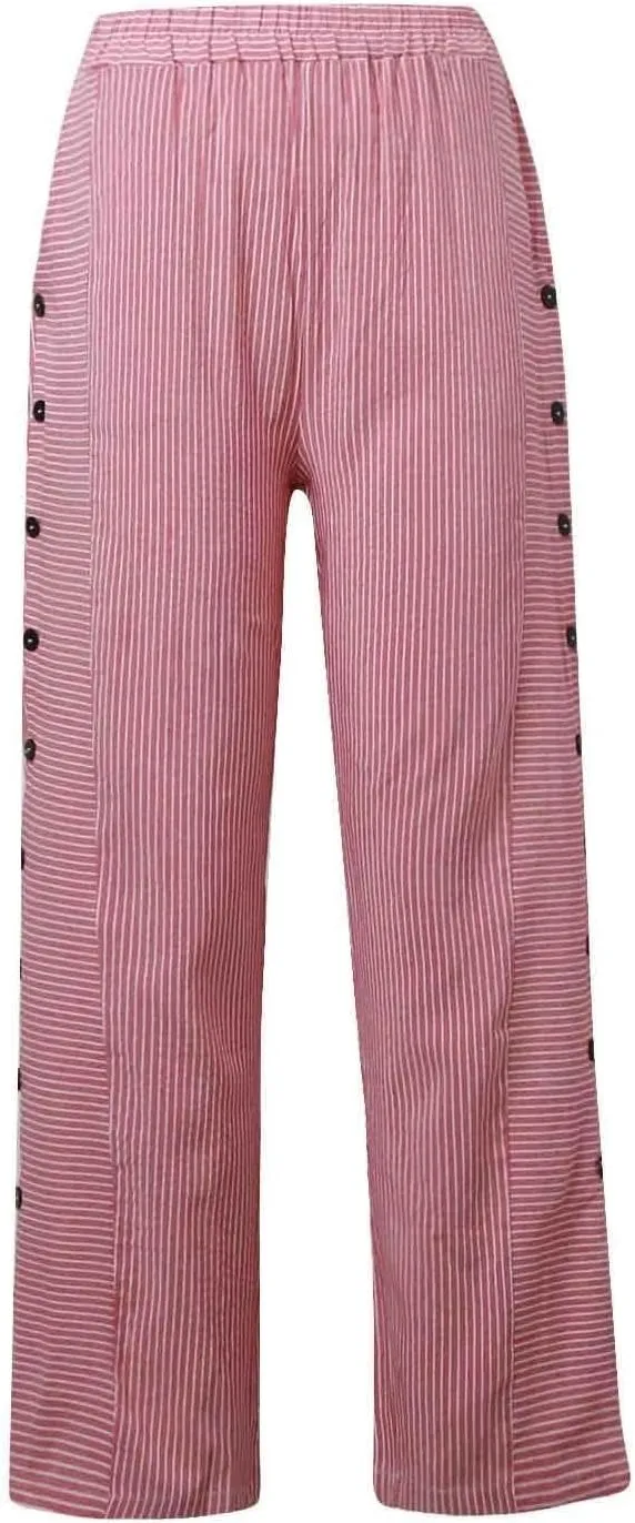 Y2k Striped Pants Women Side Button Straight Leg Cotton Linen Pants Elastic Waist Cotton Cropped Pants with Pockets