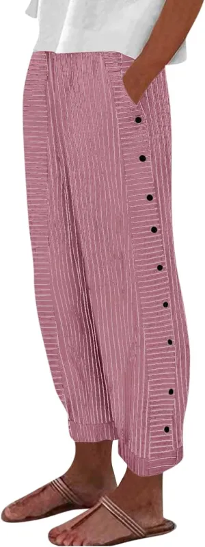 Y2k Striped Pants Women Side Button Straight Leg Cotton Linen Pants Elastic Waist Cotton Cropped Pants with Pockets