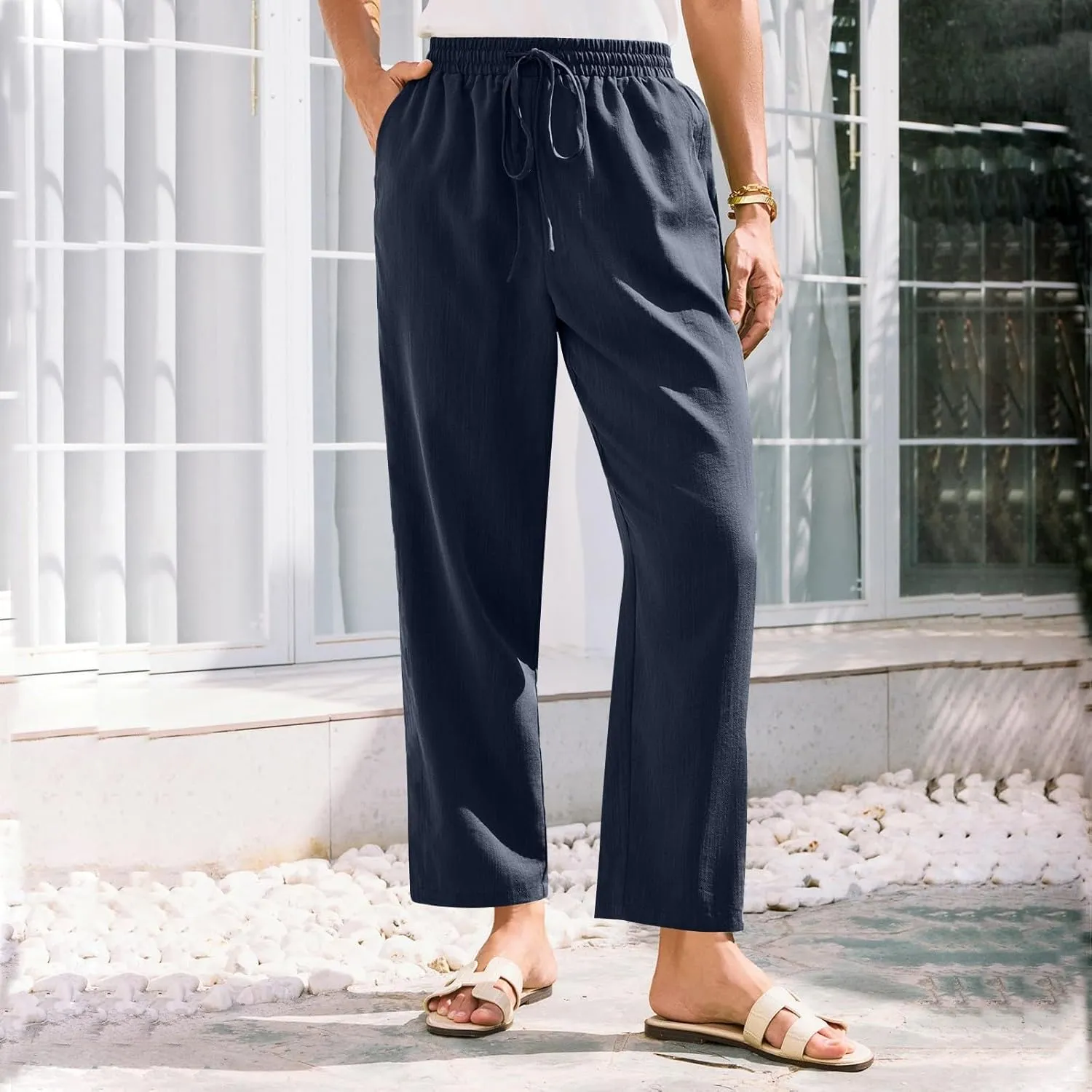 Yoga Pants for Women Business Casual, Womens Pants Casual Trousers Plus Size Linen Straight Leg Summer Low Rise