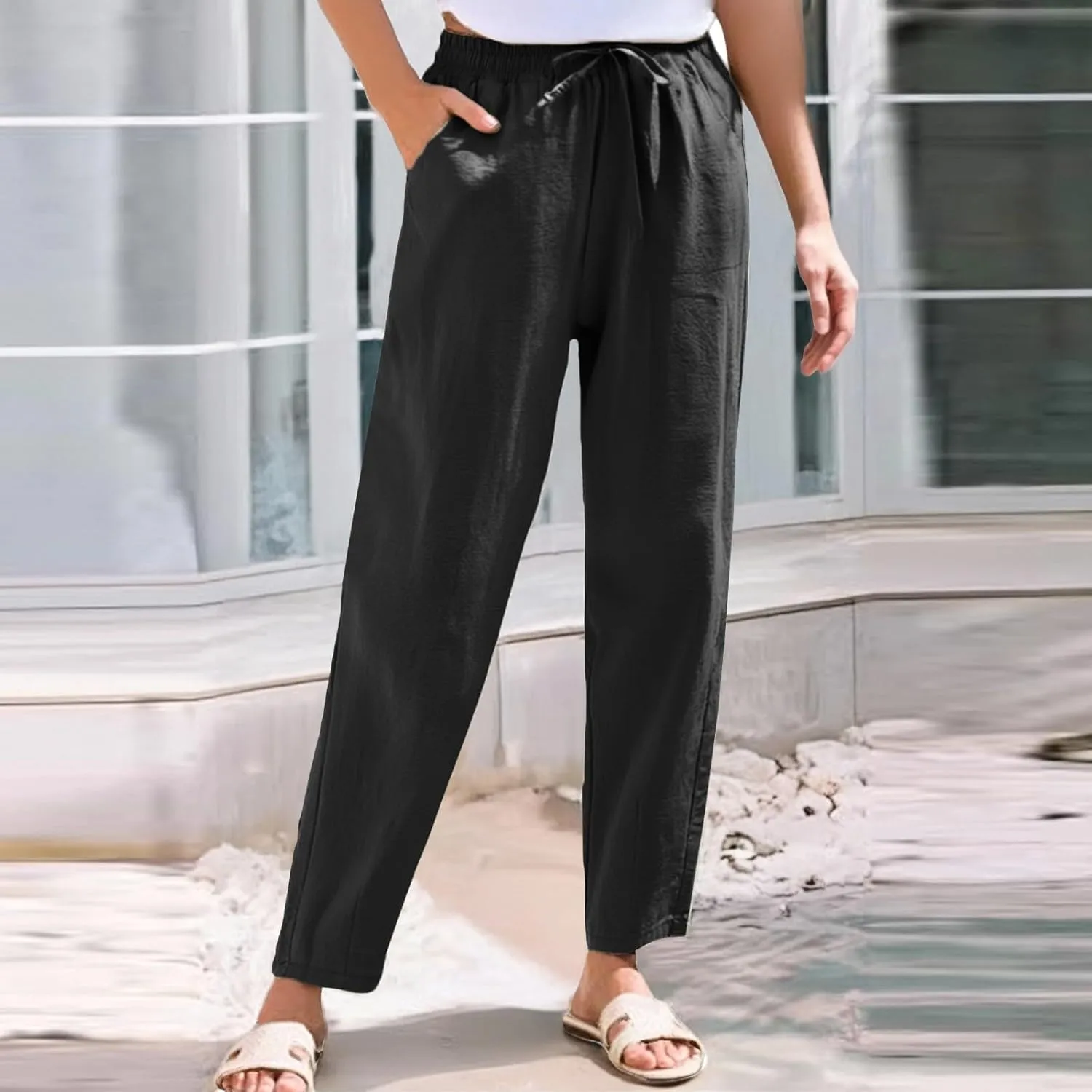 Yoga Pants for Women Business Casual, Womens Pants Casual Trousers Plus Size Linen Straight Leg Summer Low Rise