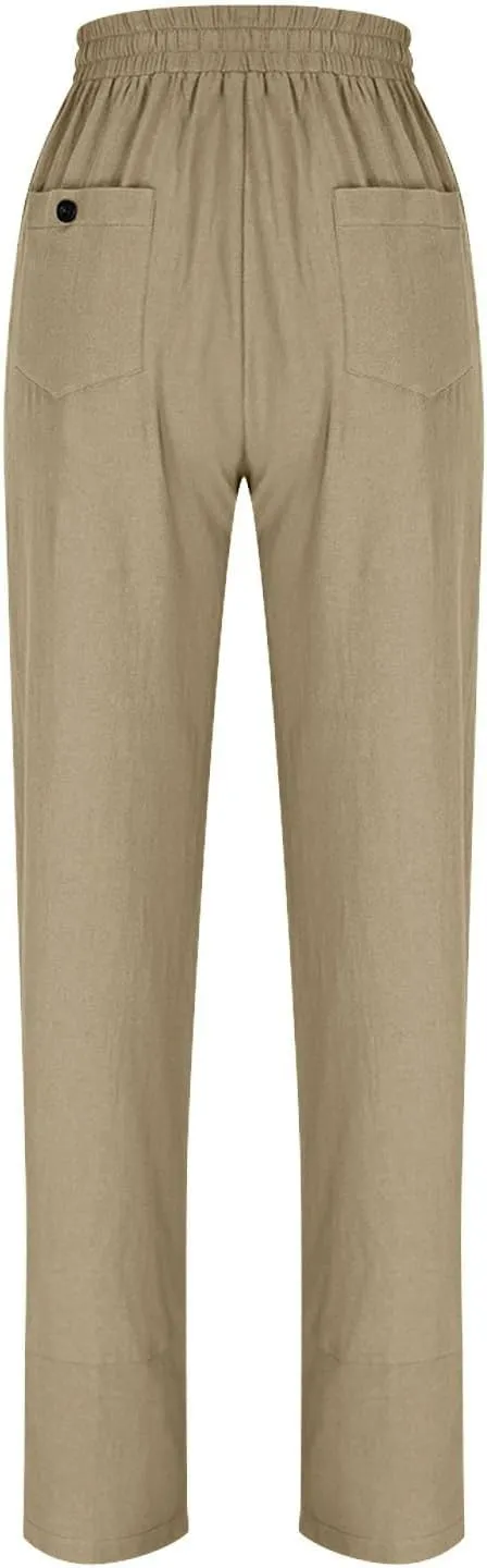 YRAETENM Cotton Linen Pants for Women Casual Elastic Waist Straight Leg Tapered Trousers Side Button Slacks with Pockets