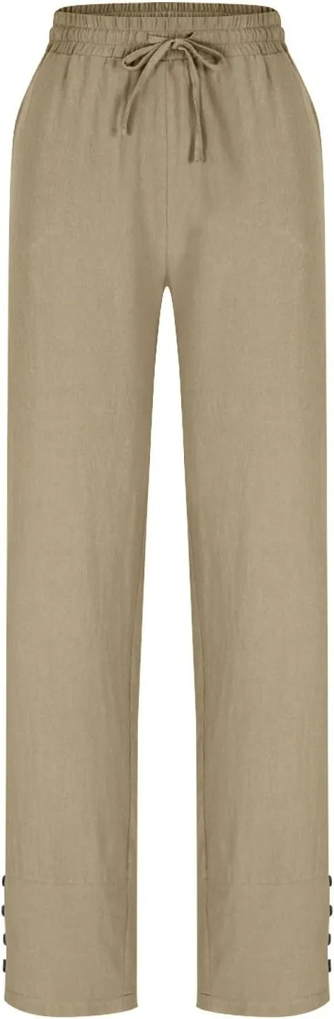 YRAETENM Cotton Linen Pants for Women Casual Elastic Waist Straight Leg Tapered Trousers Side Button Slacks with Pockets
