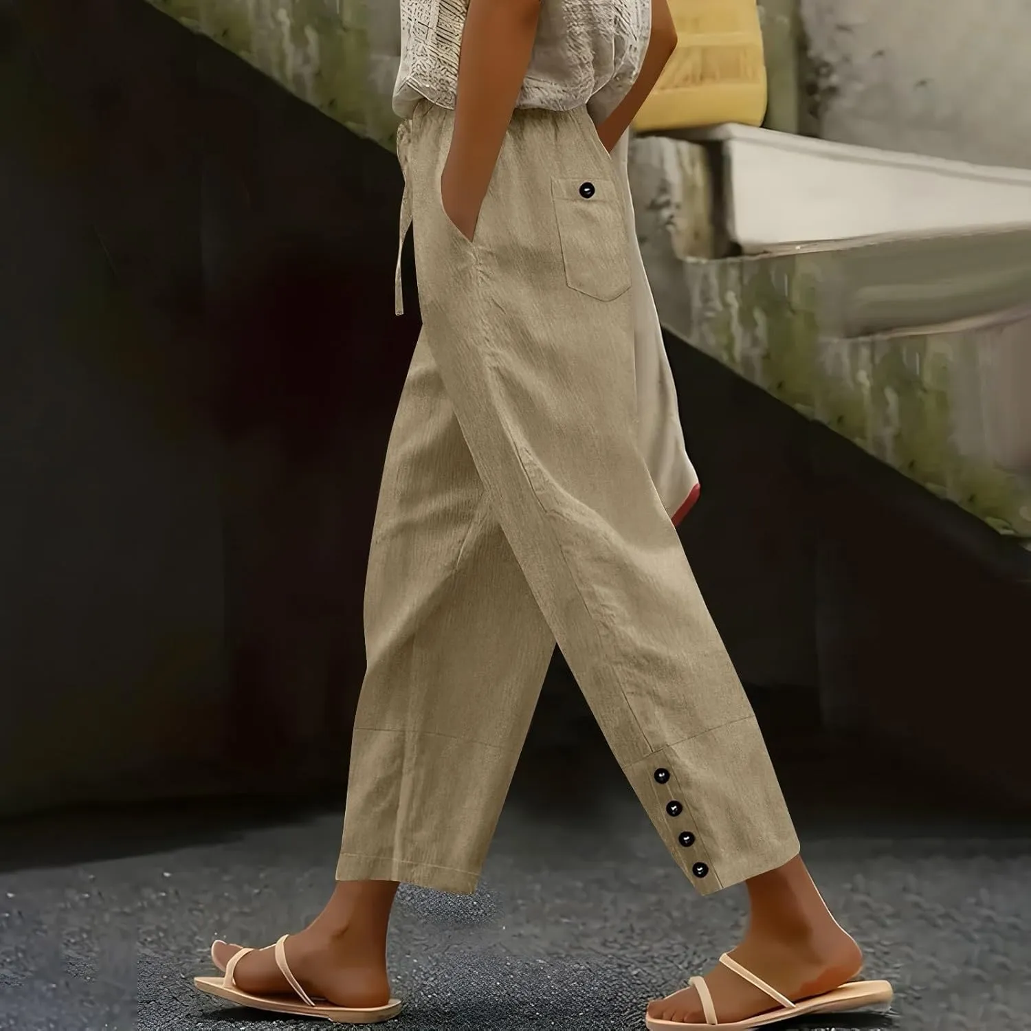 YRAETENM Cotton Linen Pants for Women Casual Elastic Waist Straight Leg Tapered Trousers Side Button Slacks with Pockets