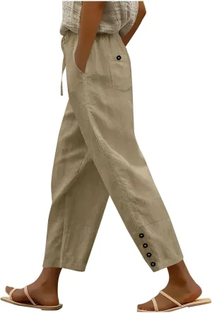 YRAETENM Cotton Linen Pants for Women Casual Elastic Waist Straight Leg Tapered Trousers Side Button Slacks with Pockets