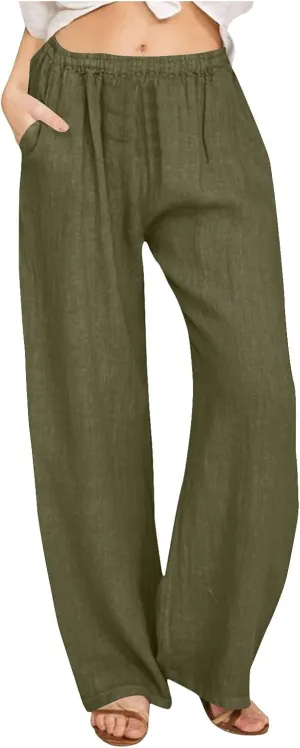 YRAETENM Cotton Linen Pants Women Summer Elastic High Waist Wide Leg Palazzo Pants Casual Loose Comfy Beach Lounge Trousers