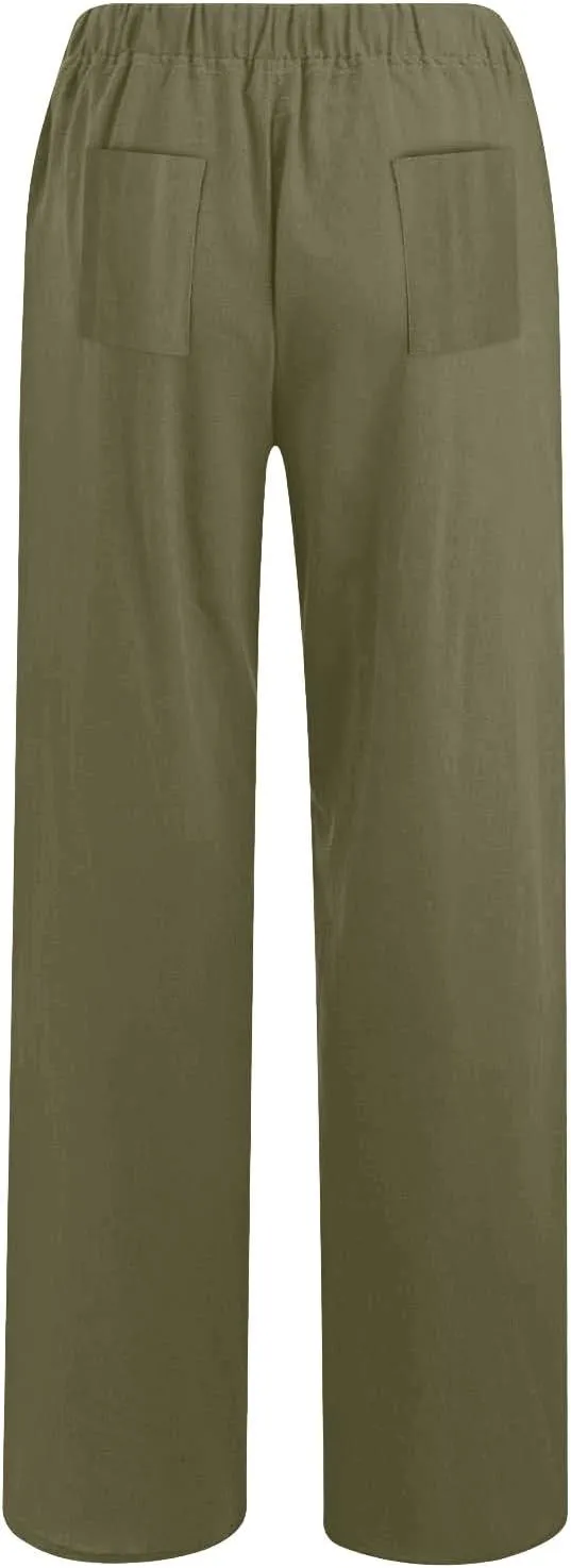 YRAETENM Cotton Linen Pants Women Summer Elastic High Waist Wide Leg Palazzo Pants Casual Loose Comfy Beach Lounge Trousers