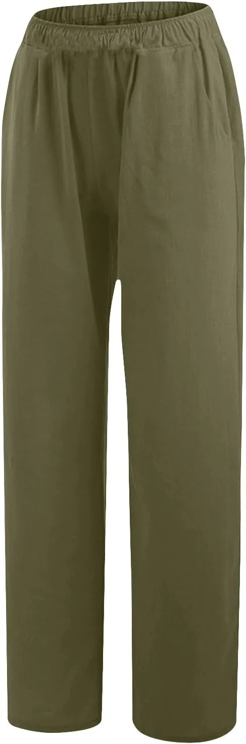 YRAETENM Cotton Linen Pants Women Summer Elastic High Waist Wide Leg Palazzo Pants Casual Loose Comfy Beach Lounge Trousers