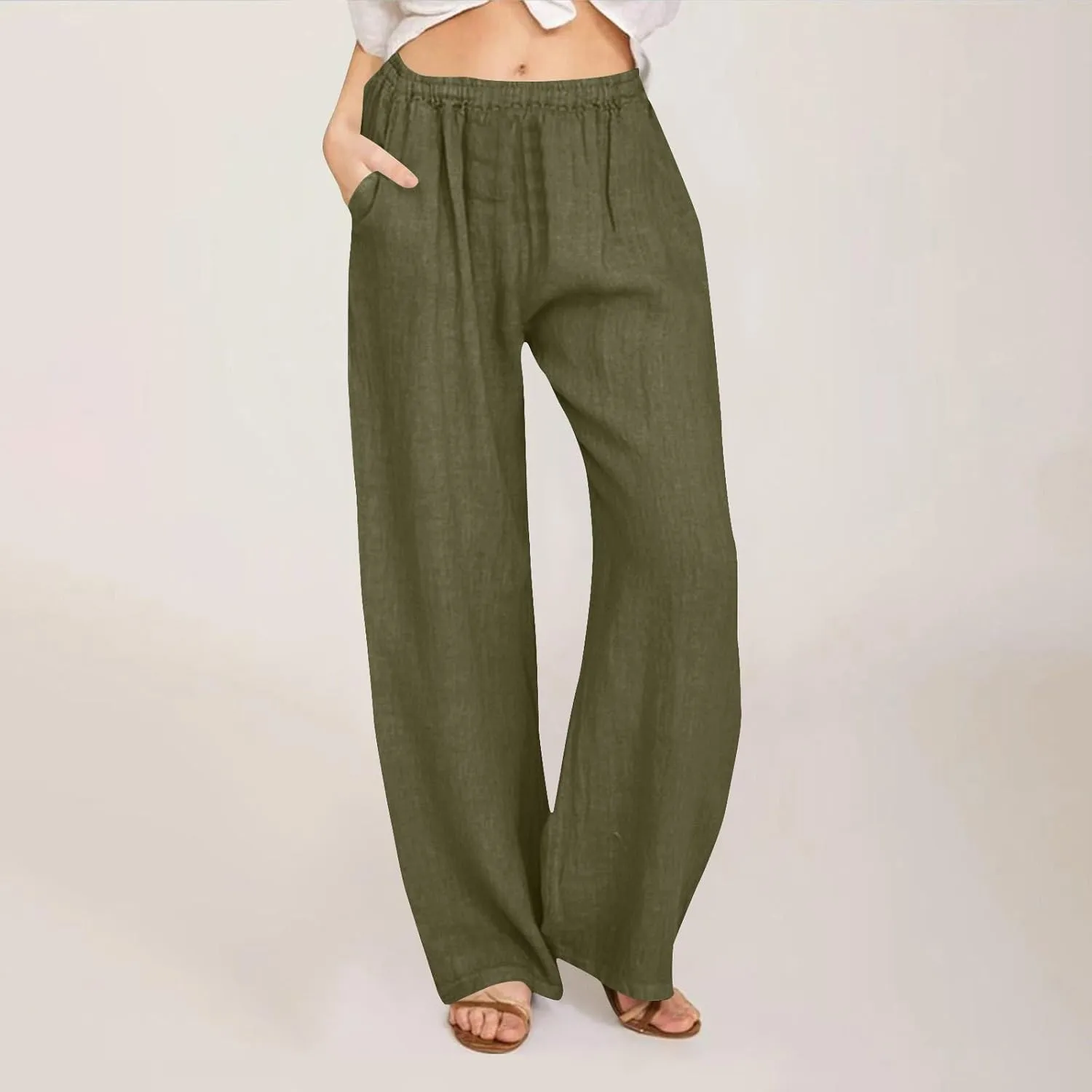 YRAETENM Cotton Linen Pants Women Summer Elastic High Waist Wide Leg Palazzo Pants Casual Loose Comfy Beach Lounge Trousers