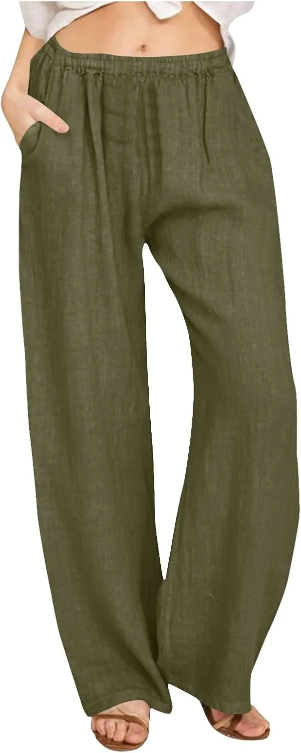 YRAETENM Cotton Linen Pants Women Summer Elastic High Waist Wide Leg Palazzo Pants Casual Loose Comfy Beach Lounge Trousers