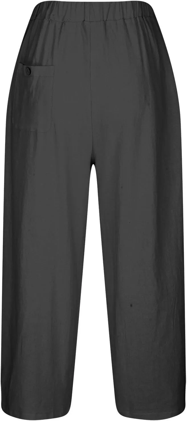 YRAETENM Linen Pants for Women Summer High Waisted Drawstring Lounge Pants Casual Loose Side Hollow Out Trousers with Pockets