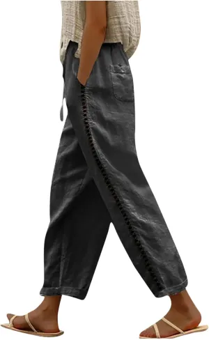 YRAETENM Linen Pants for Women Summer High Waisted Drawstring Lounge Pants Casual Loose Side Hollow Out Trousers with Pockets