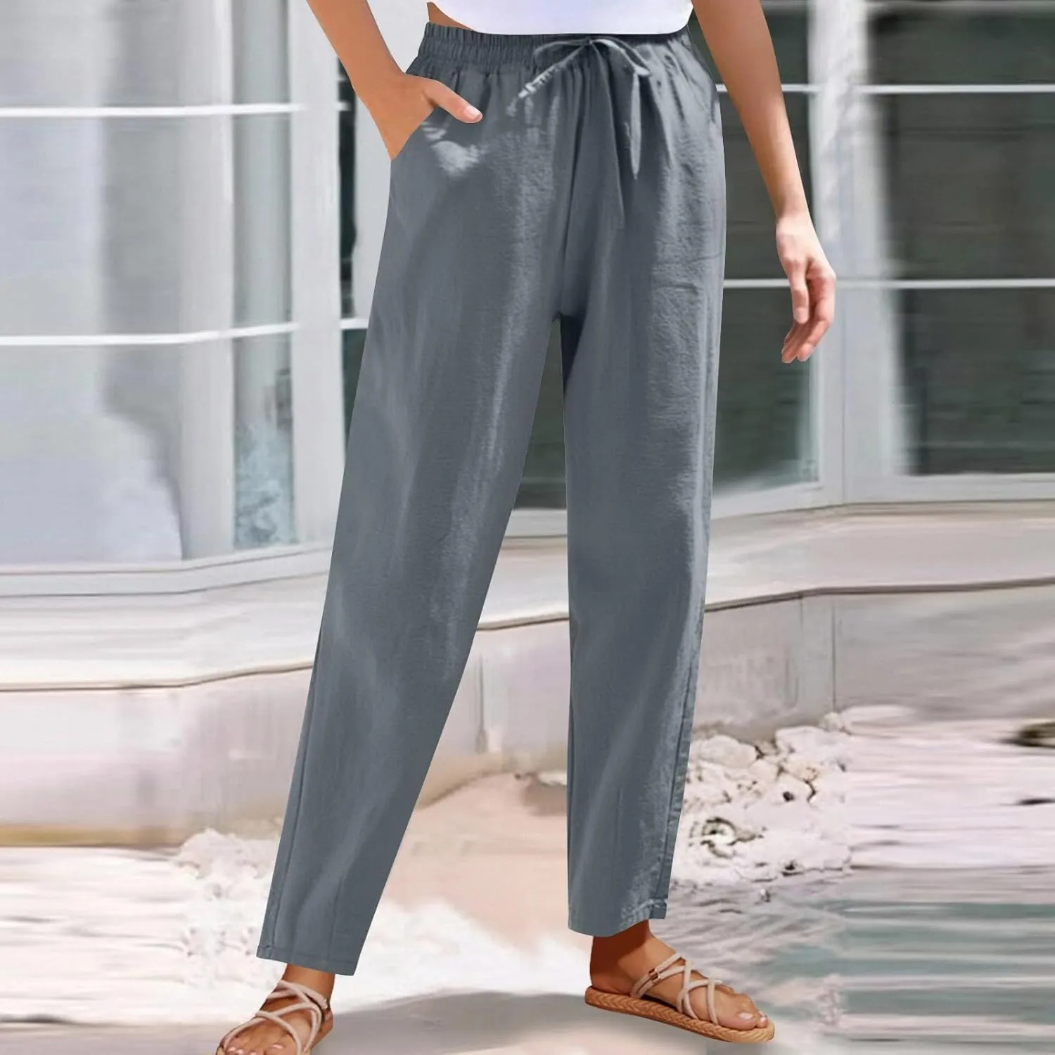 YRAETENM Petite Linen Pants for Women Casual Elastic Drawstring Cotton Trousers Summer Beach Lounge Pants with Pockets