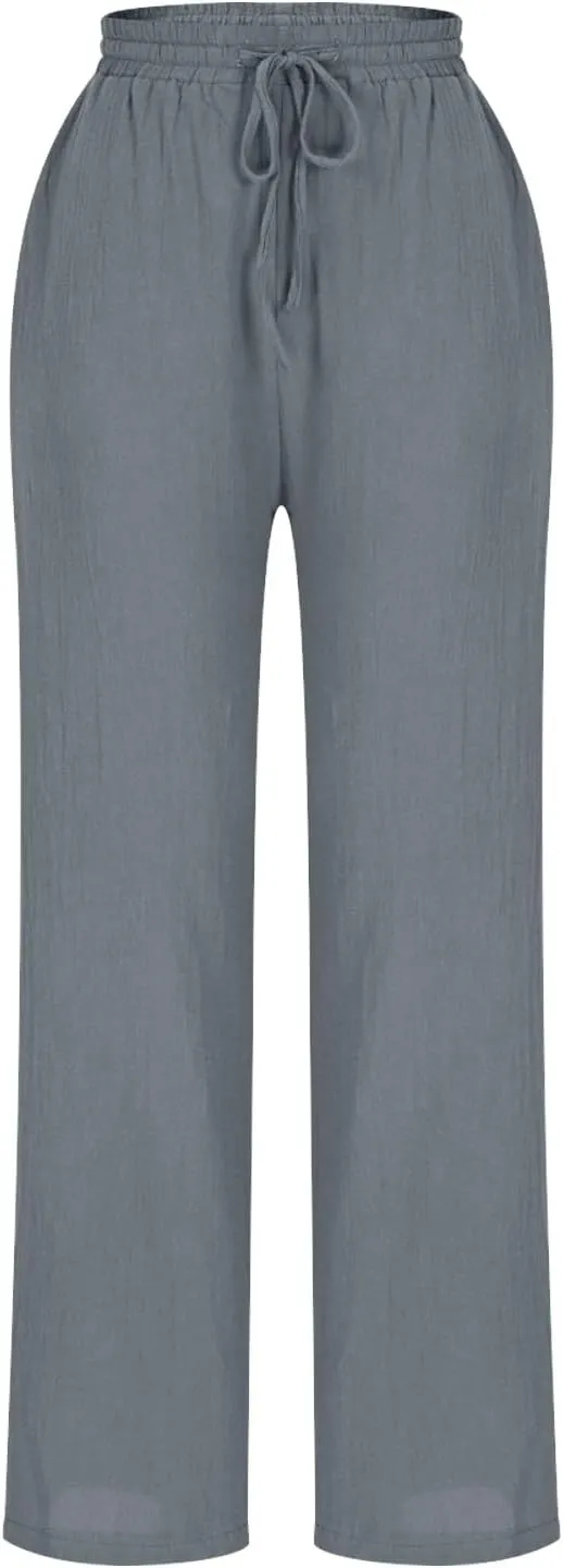 YRAETENM Petite Linen Pants for Women Casual Elastic Drawstring Cotton Trousers Summer Beach Lounge Pants with Pockets