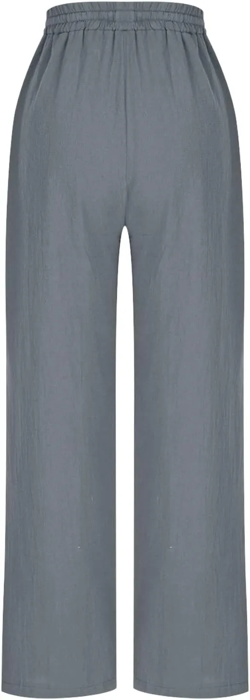 YRAETENM Petite Linen Pants for Women Casual Elastic Drawstring Cotton Trousers Summer Beach Lounge Pants with Pockets