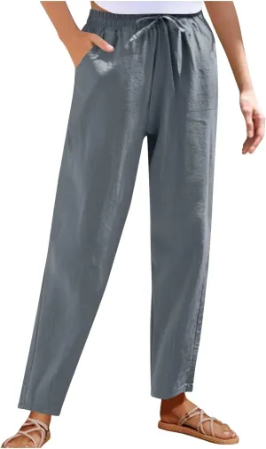YRAETENM Petite Linen Pants for Women Casual Elastic Drawstring Cotton Trousers Summer Beach Lounge Pants with Pockets