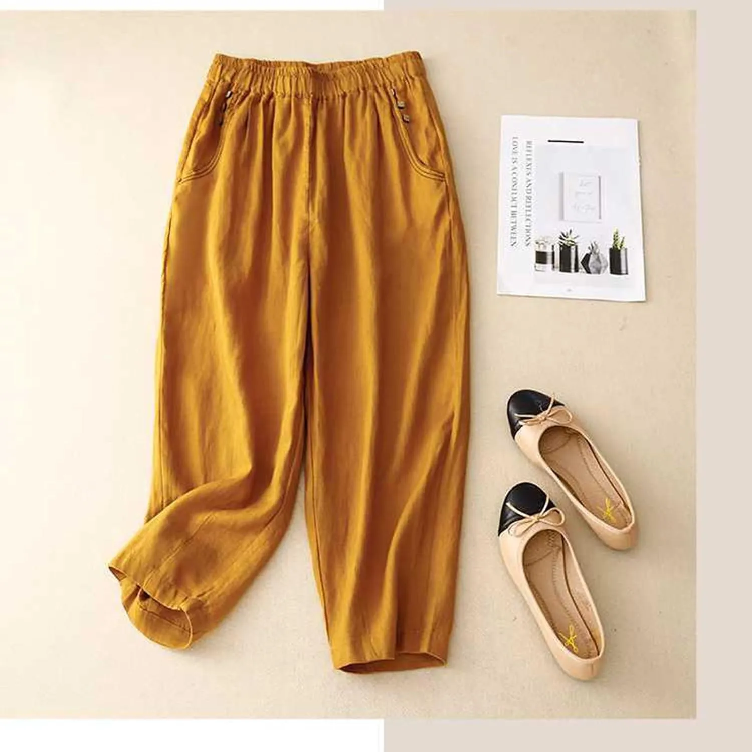 YRAETENM Wide Leg Pants for Women Baggy Elastic Waist Cotton Linen Pants Plus Size Palazzo Lounge Trousers with Pockets