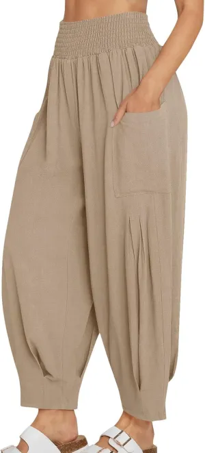 YRAETENM Women Linen Boho Pants Summer Casual Loose High Waist Harem Pants Lounge Trousers Beach Travel Vacation Outfits
