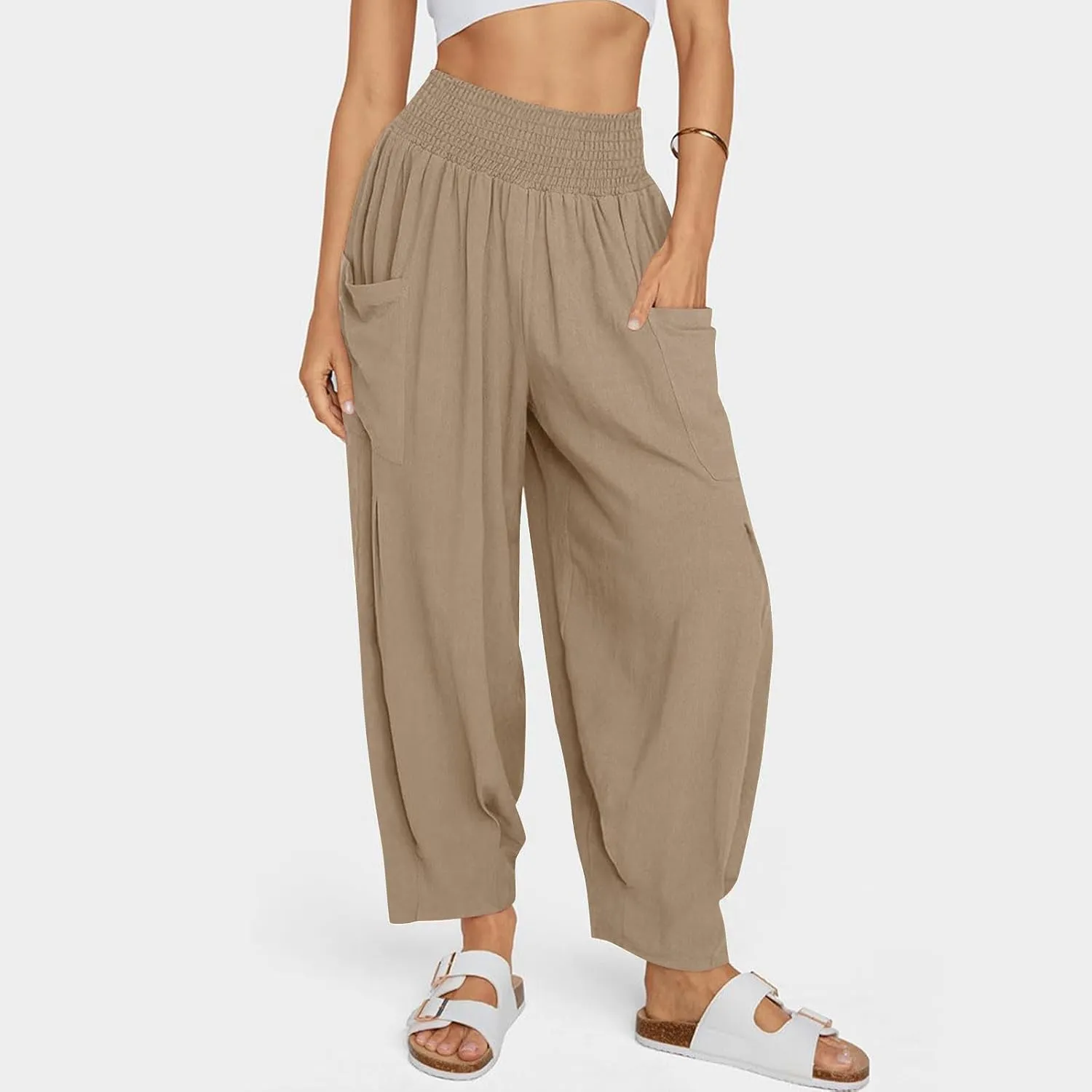 YRAETENM Women Linen Boho Pants Summer Casual Loose High Waist Harem Pants Lounge Trousers Beach Travel Vacation Outfits