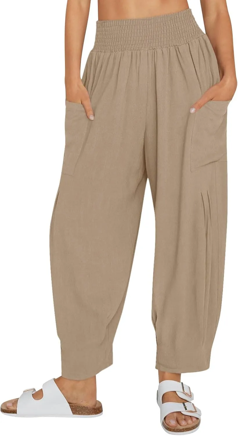 YRAETENM Women Linen Boho Pants Summer Casual Loose High Waist Harem Pants Lounge Trousers Beach Travel Vacation Outfits