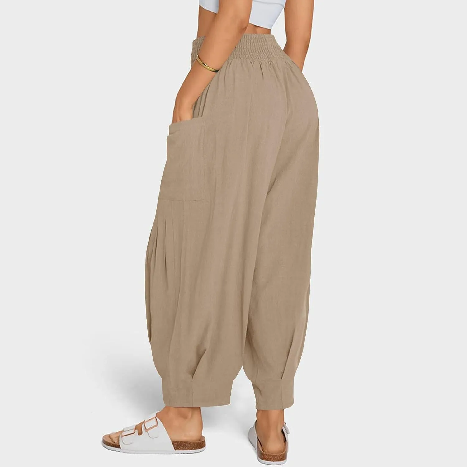 YRAETENM Women Linen Boho Pants Summer Casual Loose High Waist Harem Pants Lounge Trousers Beach Travel Vacation Outfits