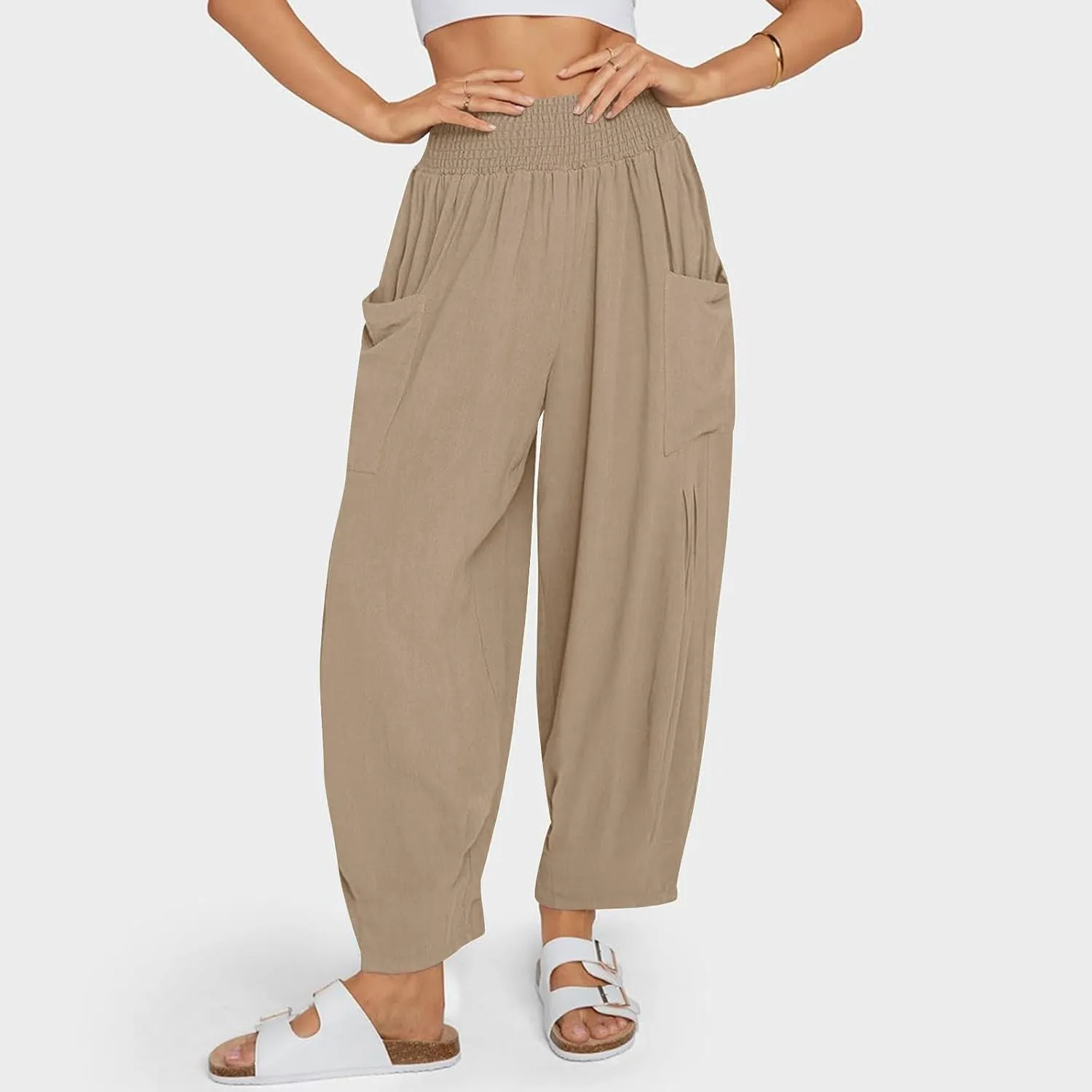 YRAETENM Women Linen Boho Pants Summer Casual Loose High Waist Harem Pants Lounge Trousers Beach Travel Vacation Outfits