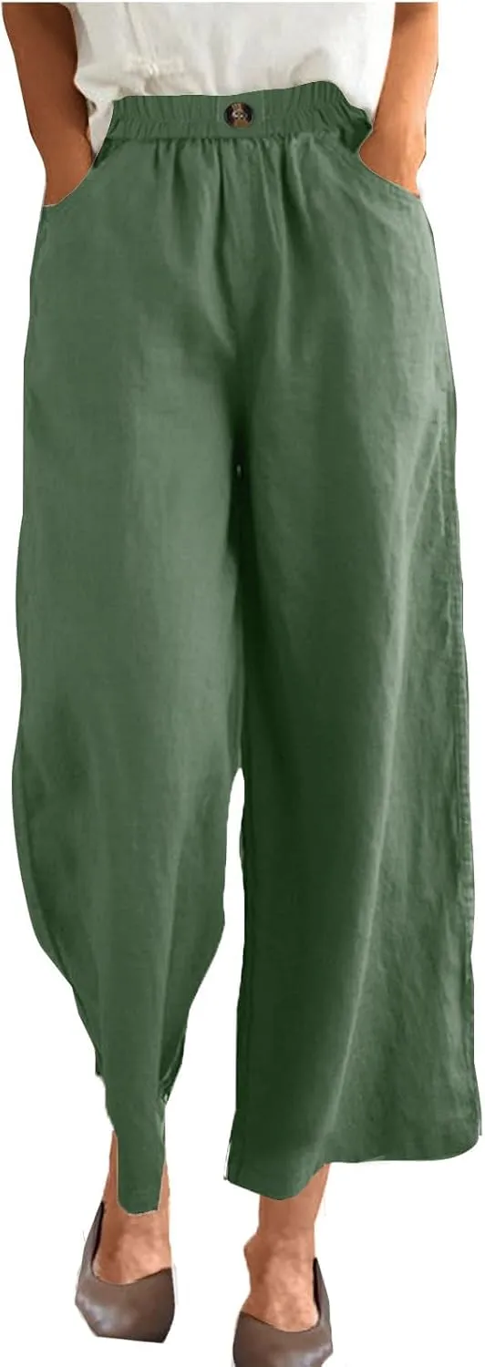 YRAETENM Womens Linen Pants High Waisted Lounge Pants Casual Wide Leg Pants Plus Size Baggy Slacks Trousers with Pockets