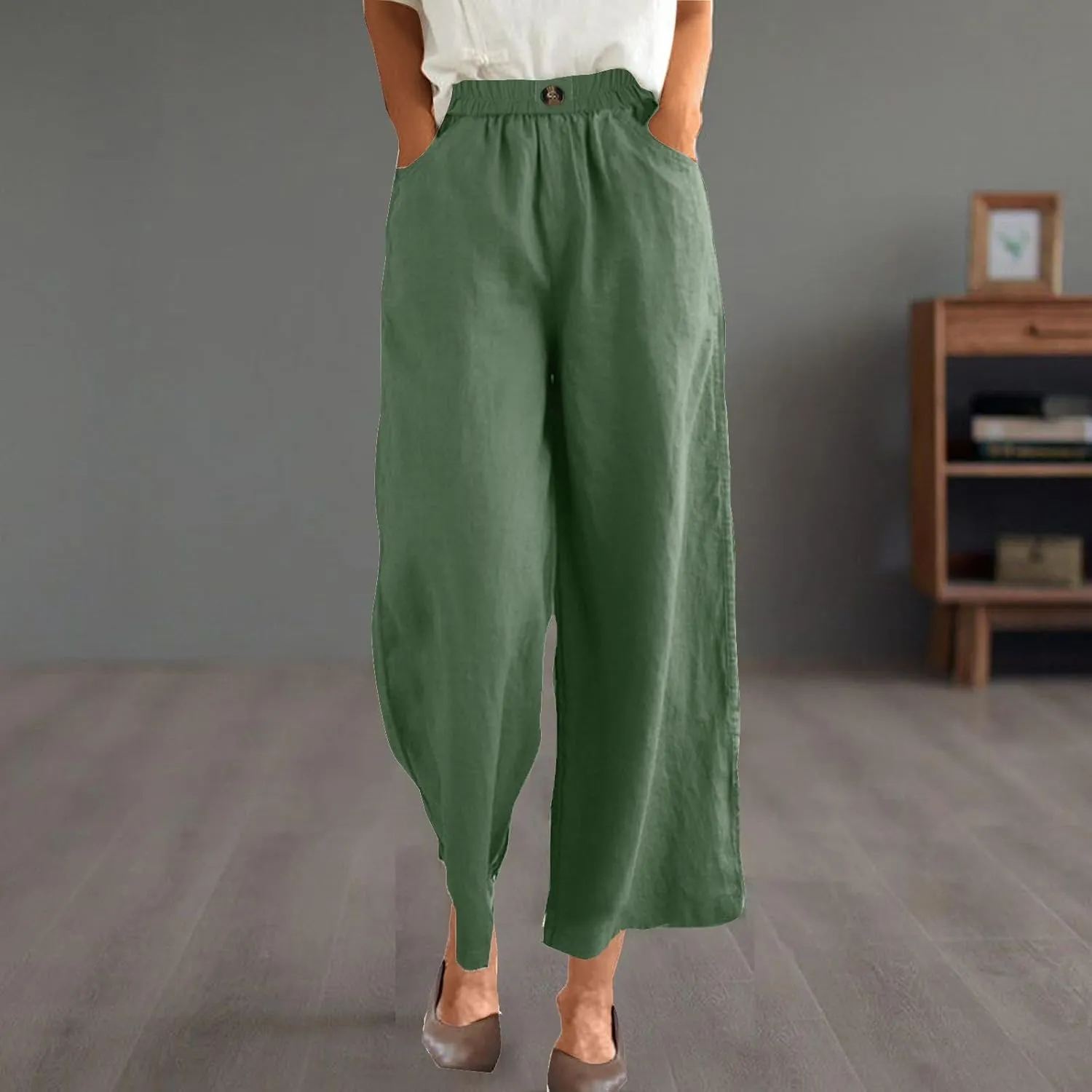 YRAETENM Womens Linen Pants High Waisted Lounge Pants Casual Wide Leg Pants Plus Size Baggy Slacks Trousers with Pockets