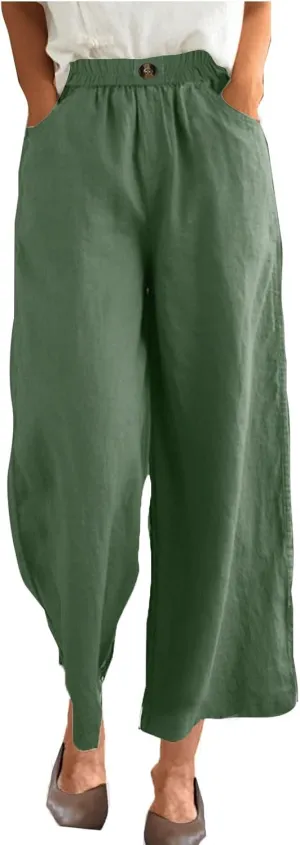 YRAETENM Womens Linen Pants High Waisted Lounge Pants Casual Wide Leg Pants Plus Size Baggy Slacks Trousers with Pockets