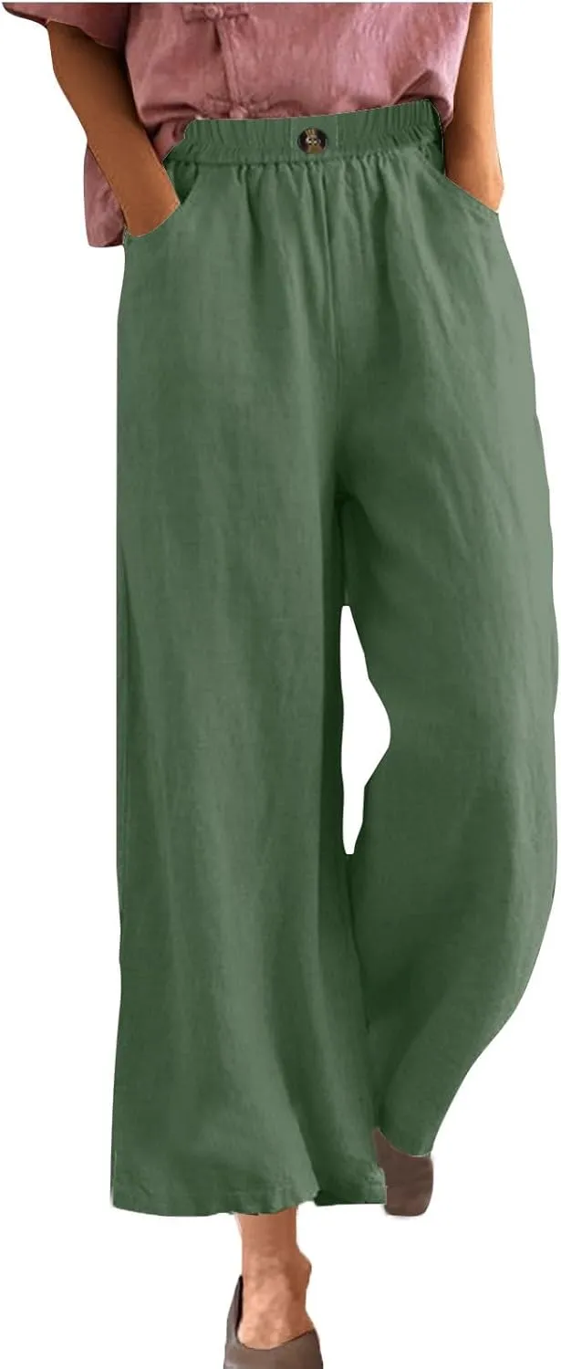 YRAETENM Womens Linen Pants High Waisted Lounge Pants Casual Wide Leg Pants Plus Size Baggy Slacks Trousers with Pockets